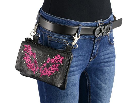 Milwaukee Leather MP8853 Women's 'Flower' Black and Pink Leather Multi Pocket Belt Bag with Gun Holster