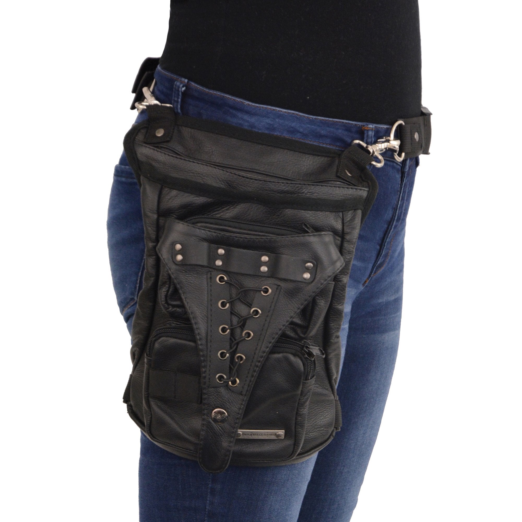 Milwaukee Leather Performance MP8885 Black Conceal and Carry Black Leather Thigh Bag with Waist Belt