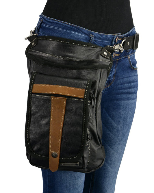 Milwaukee Leather MP8897 Black and Tan Conceal and Carry Leather Thigh Bag with Waist Belt