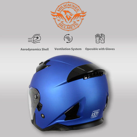 Milwaukee Helmets MPH9825DOT 'Shift' Open Face 3/4 Blue Helmet for Men and Women Biker with Drop Down Tinted Visor