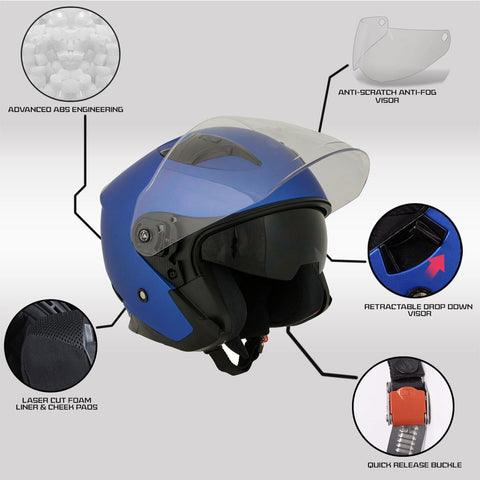 Milwaukee Helmets MPH9825DOT 'Shift' Open Face 3/4 Blue Helmet for Men and Women Biker with Drop Down Tinted Visor