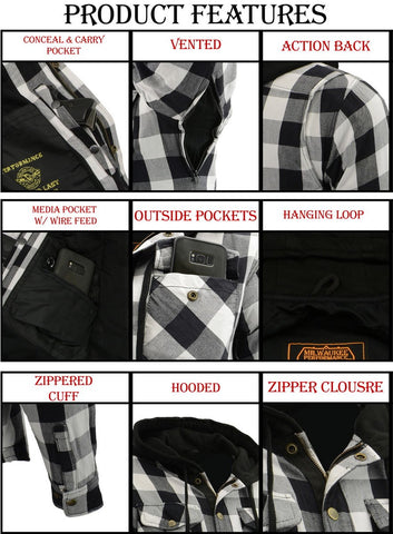 Milwaukee Performance MPM1629 Men's Black and White Armored Hooded Flannel Shirt with Aramid by DuPont Fibers