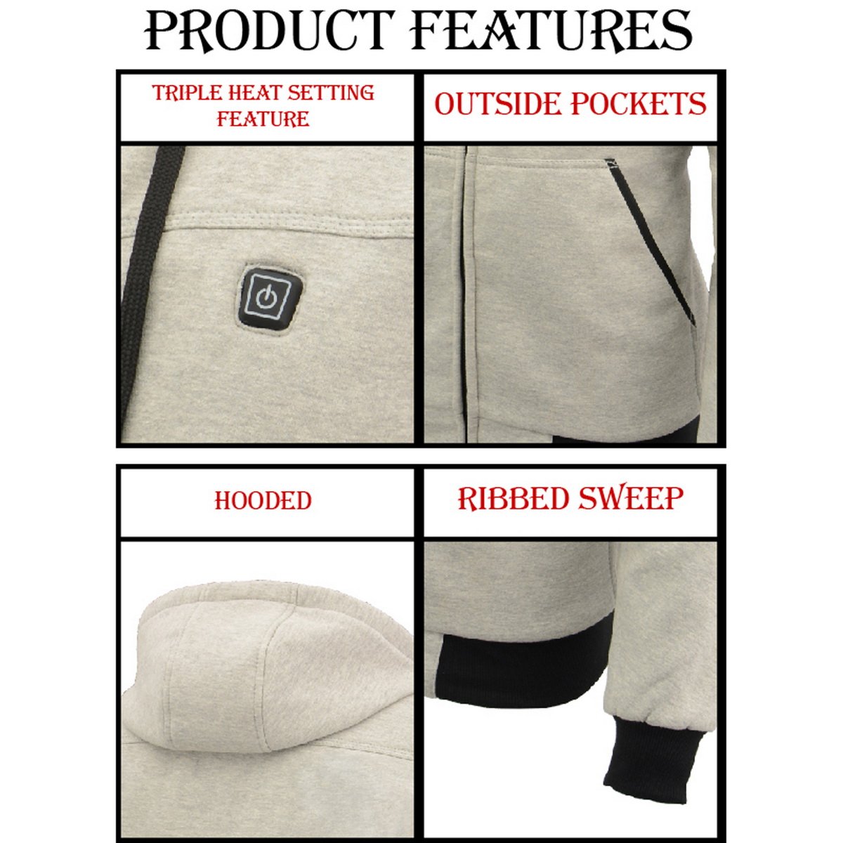 Milwaukee Leather MPM1714SET Men's Silver 'Heated' Zipper Front Hoodie (Battery Pack Included)