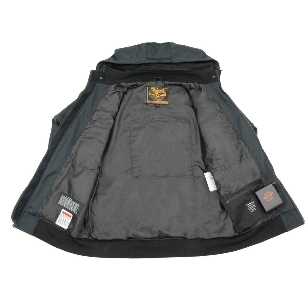 Milwaukee Leather MPM1761SET Men's Black 'Heated' Soft Shell Racing Style Jacket with Hoodie (Battery Pack Included)
