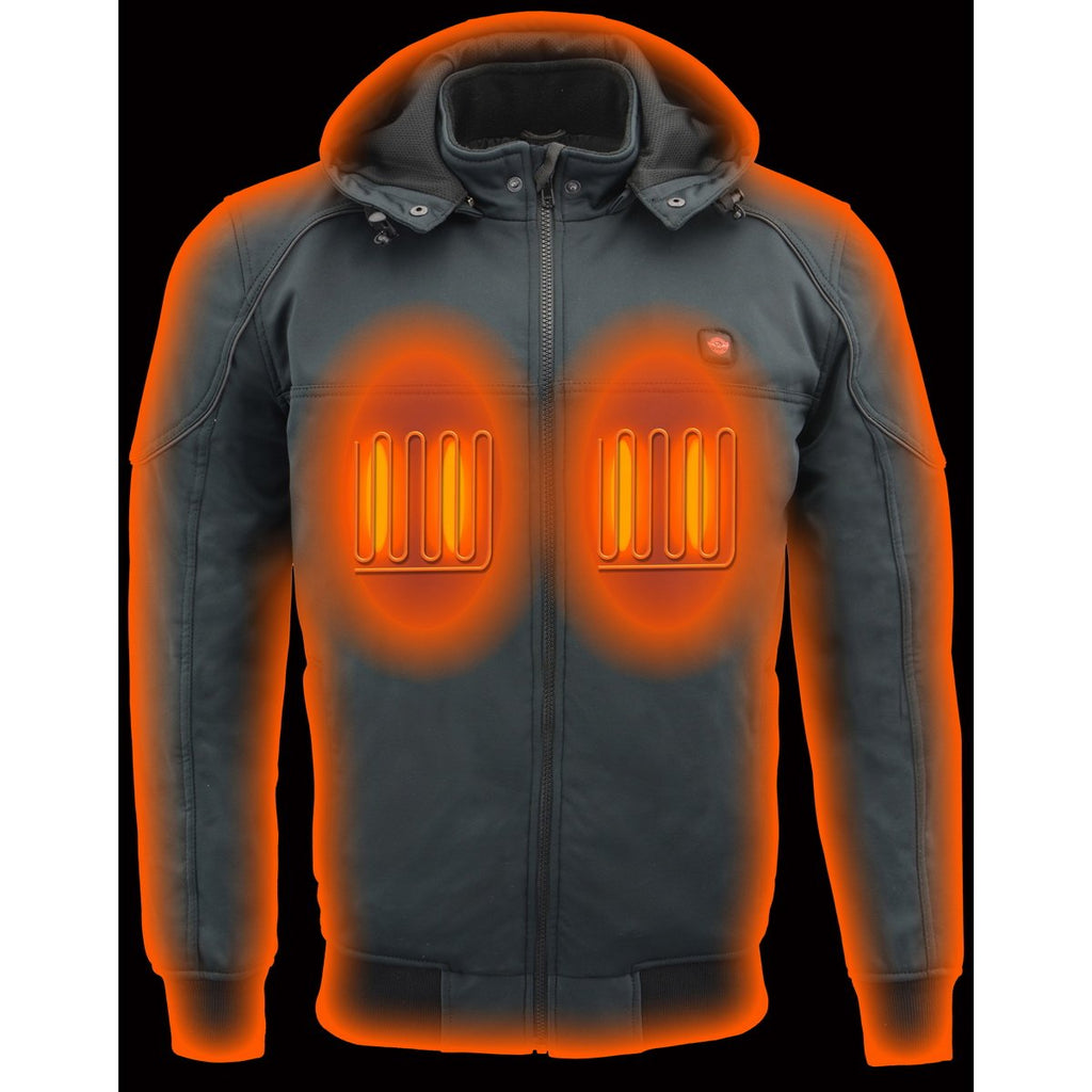 Milwaukee Leather MPM1761SET Men's Black 'Heated' Soft Shell Racing Style Jacket with Hoodie (Battery Pack Included)