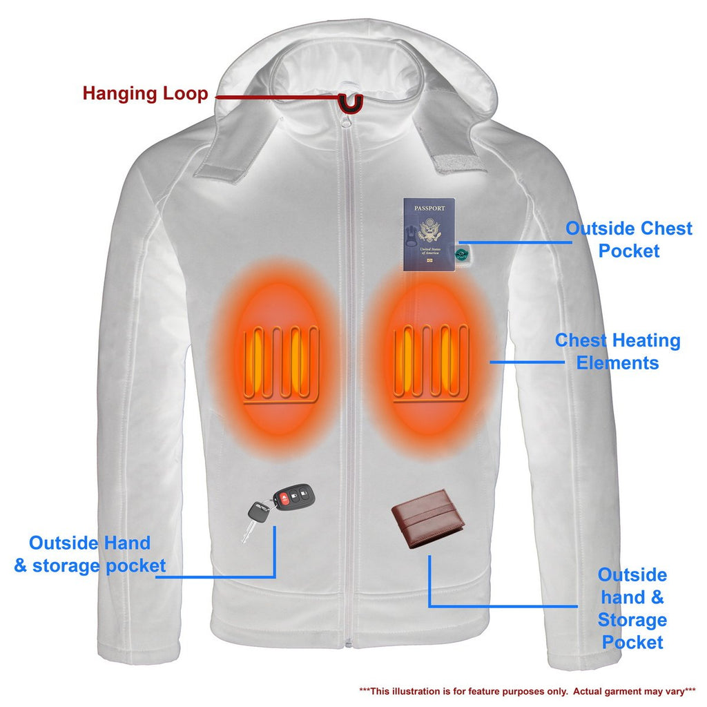 Milwaukee Leather MPM1767SET Men's Black 'Heated' Soft Shell Hooded Zipper Front Jacket (Battery Pack Included)