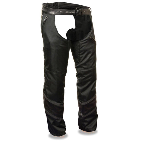 Milwaukee Performance MPM5706 Men's Black Vented Textile Chaps with Leather Trim - Milwaukee Performance Mens Textile Chaps