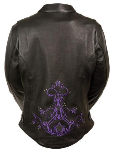 Milwaukee ML2500 Women's Reflective Star Riveted Black and Purple Leather Jacket with Gun Pockets - Milwaukee Leather Womens Leather Jackets