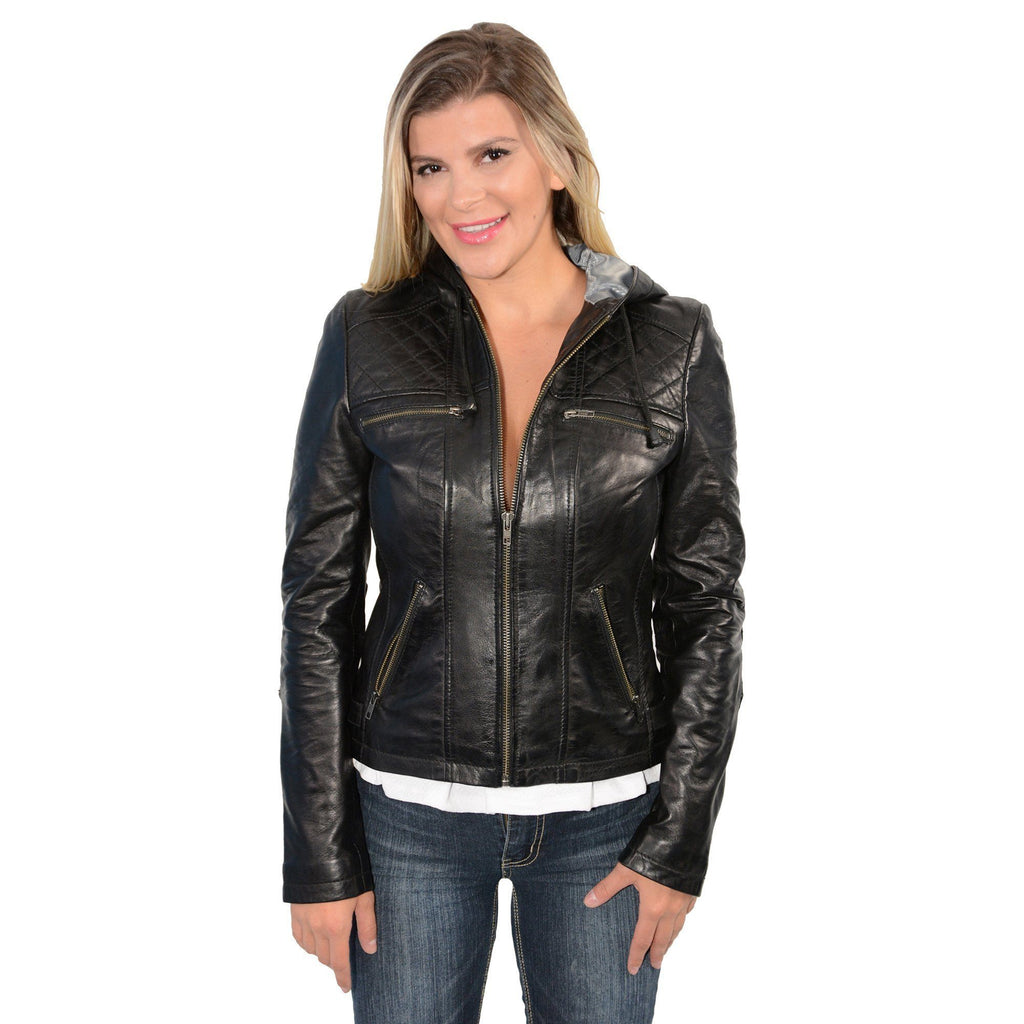 Milwaukee Leather SFL21810 Ladies Black Hooded Scuba Leather Jacket with Draw String - Milwaukee Leather Womens Leather Jackets