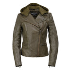 Milwaukee Leather SFL2815 Womens Olive Motorcycle Style Leather Jacket with Hoodie and Asymmetrical Zipper