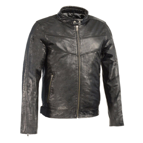 Milwaukee Leather SFM1835 Men's ‘Café Racer’ Black Leather Jacket with Snap Button Collar - Milwaukee Leather Mens Leather Jackets