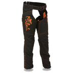 Milwaukee Performance SH1182 Women's Black and Orange Textile Chap with Tribal Embroidery - Milwaukee Performance Womens Textile Chaps