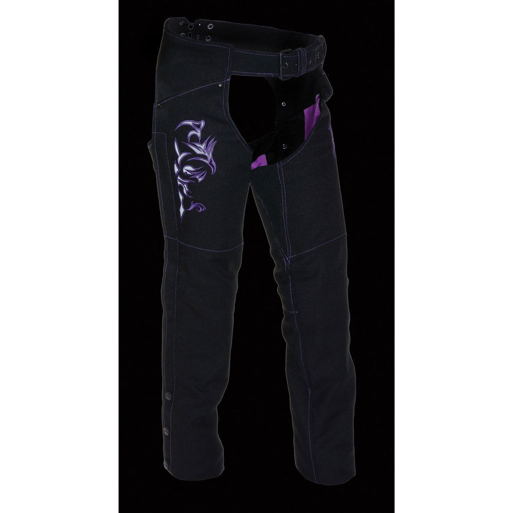 Milwaukee Performance SH1182 Women's Black and Purple Textile Chap with Tribal Embroidery - Milwaukee Performance Womens Textile Chaps