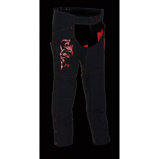 Milwaukee Performance SH1182 Women's Black and Red Textile Chap with Tribal Embroidery - Milwaukee Performance Womens Textile Chaps