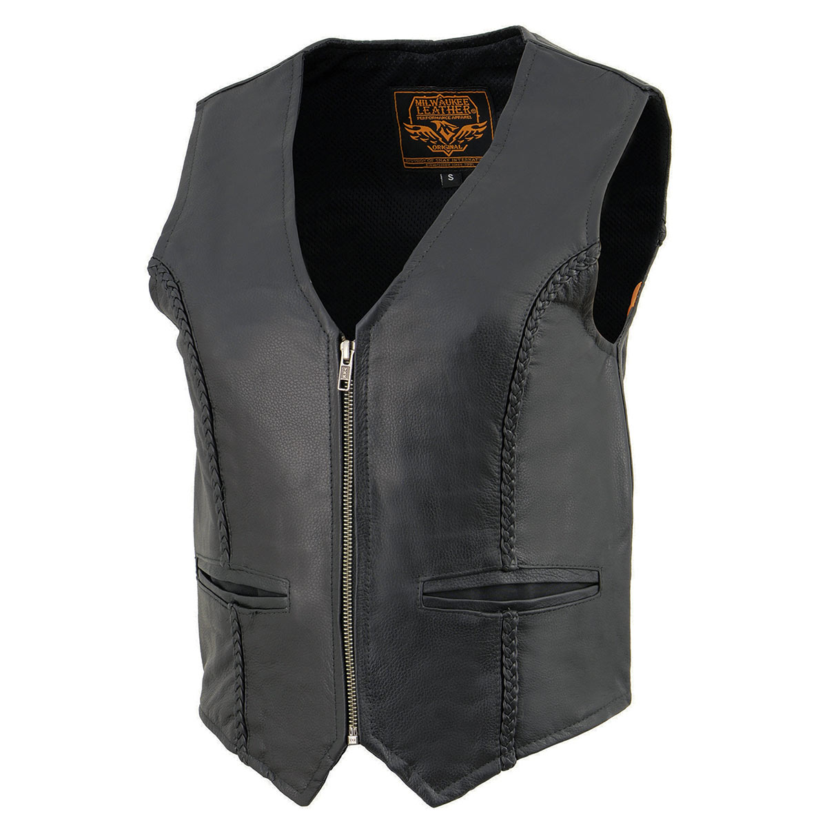 Milwaukee Leather SH1246Z Women's Black Leather Classic Braided Motorcycle Rider Vest with Zipper Closure