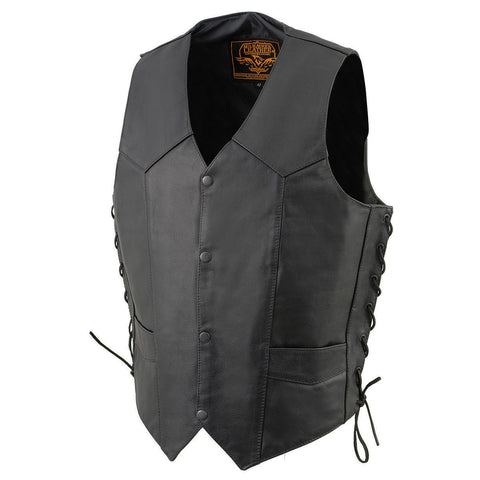 Milwaukee Leather SH1315 Men's Black Leather Classic V-Neck Side Lace Motorcycle Rider Vest w/ Front Snap Closure