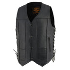 Milwaukee Leather SH1391 Men's Black Leather 10 Pocket V-Neck Side Lace Motorcycle Rider Vest w/ Front Snap Closure