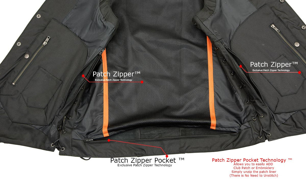 Milwaukee Leather SH1392Tall Men's Black Leather 10 Pocket V-Neck Side Lace Motorcycle Rider Vest w/ Snap Closure