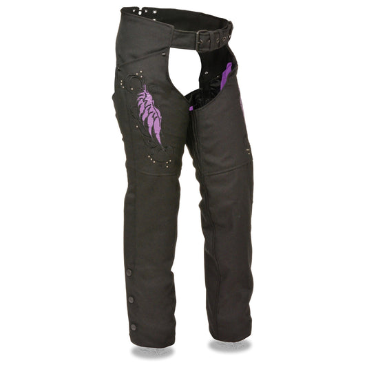 Milwaukee Performance SH1956 Women's 'Winged' Black and Purple Textile Chaps - Milwaukee Performance Womens Textile Chaps