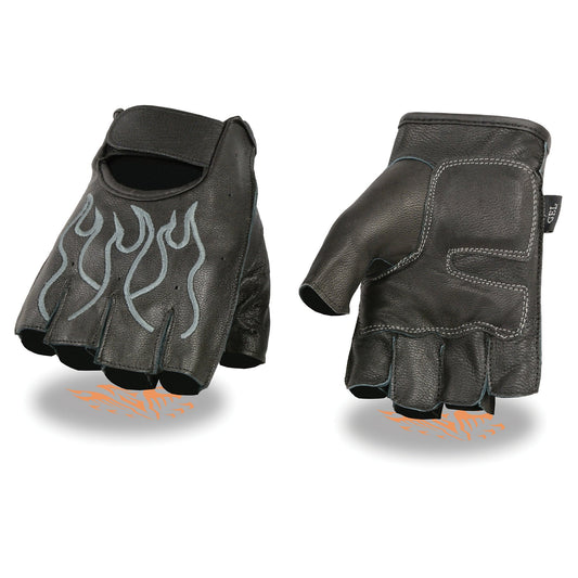 Milwaukee Leather SH198 Men's Black Leather Gel Padded Palm Fingerless Motorcycle Hand Gloves W/ ‘Grey Flame Embroidered’