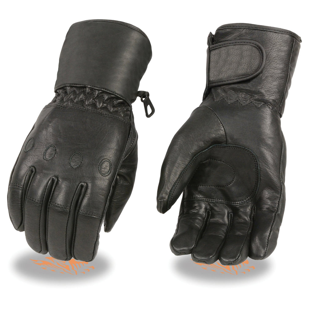 Milwaukee Leather Men's Black Gauntlet Motorcycle Gloves-Black Soft Leather Waterproof Cinch Wrist Closure-SH293