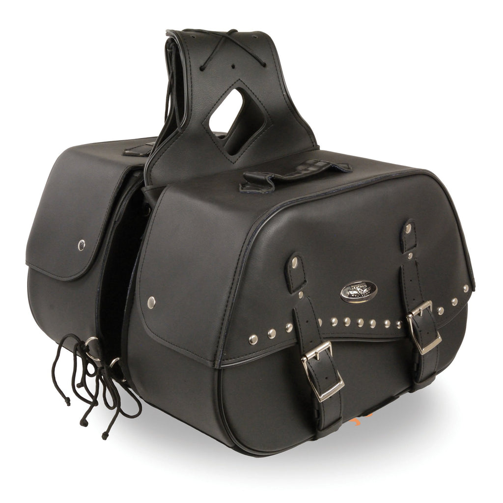 Milwaukee Leather SH655ZB Black Zip-Off Two Buckle Extended Lid Studded PVC Throw Over Motorcycle Saddlebags (19X12X7X20)