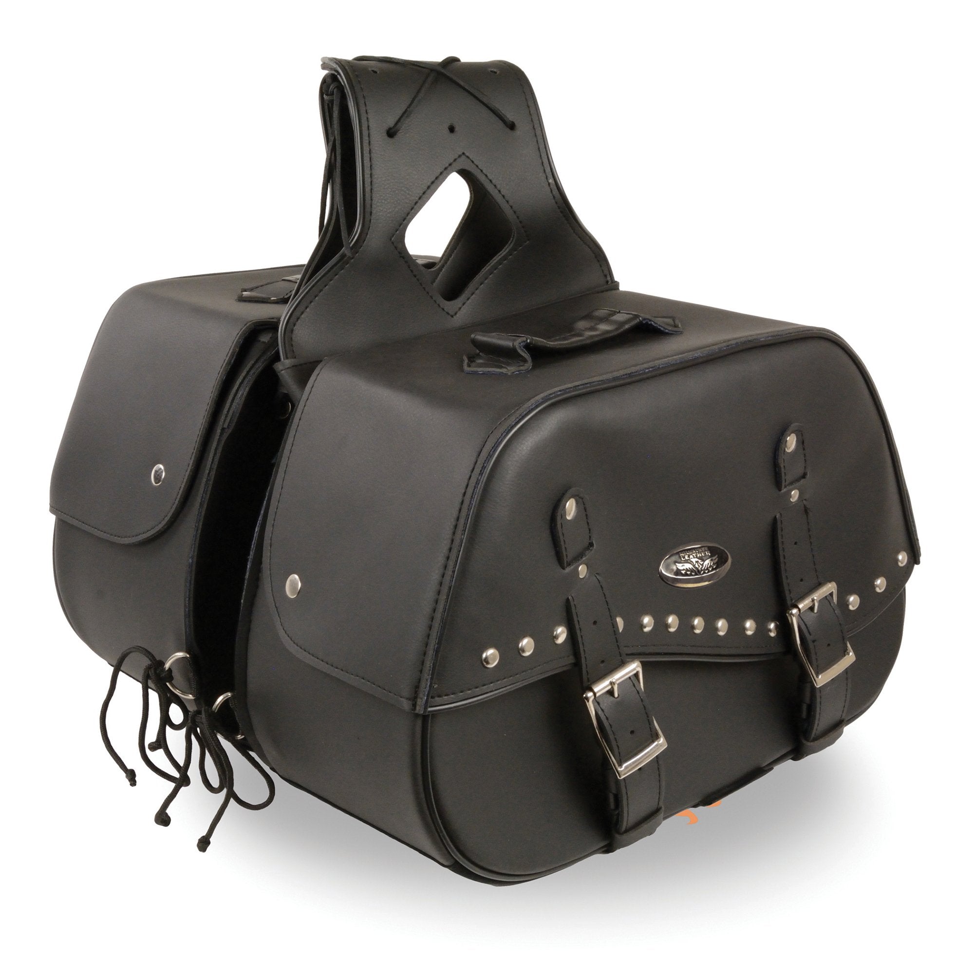 Milwaukee Leather SH655ZB Black Zip-Off Two Buckle Extended Lid Studded PVC Throw Over Motorcycle Saddlebags (19X12X7X20)