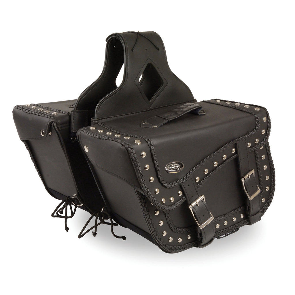 Milwaukee Leather SH66401ZB Black Large 'Studded and Braided' Zip-Off PVC Throw Over Motorcycle Saddlebags