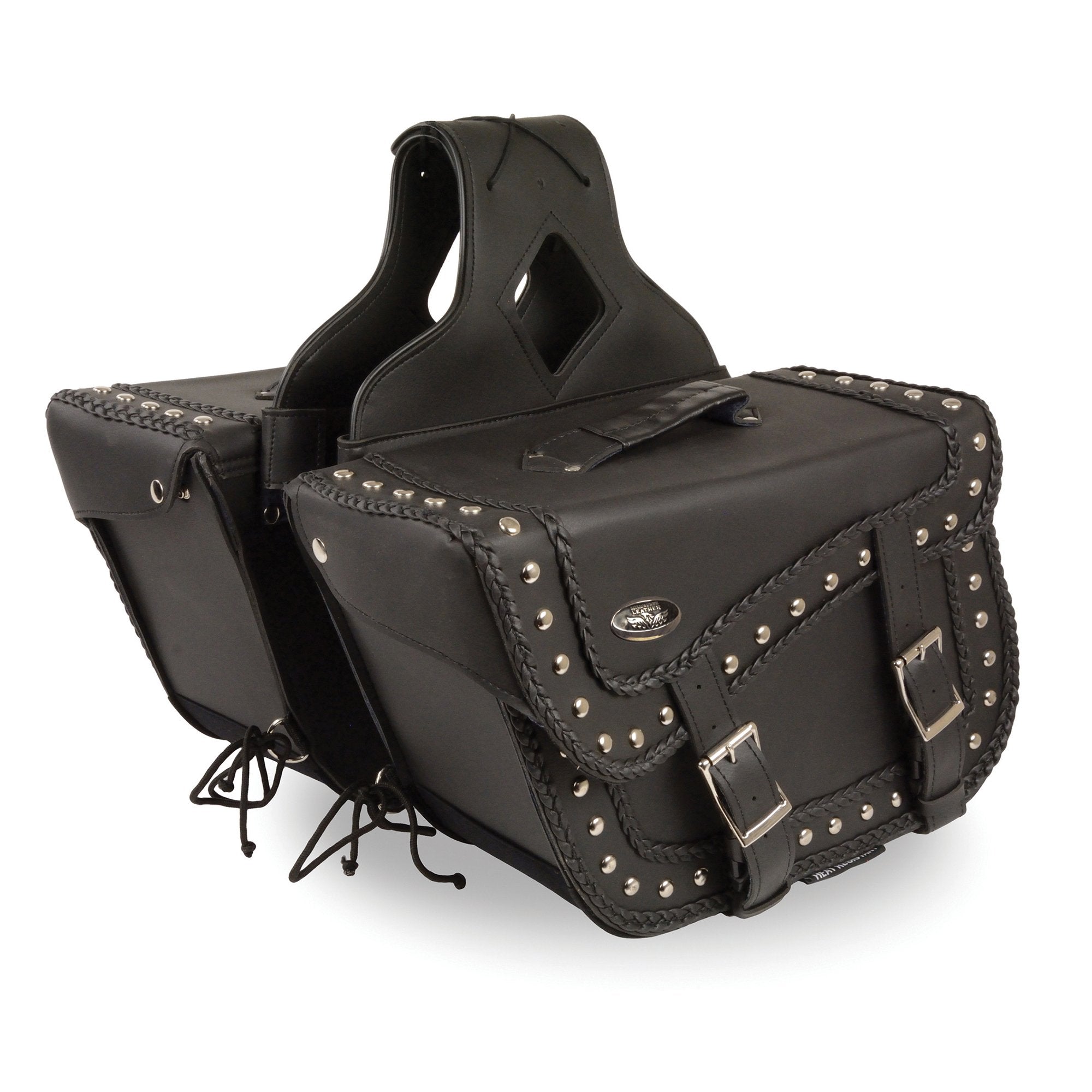 Milwaukee Leather SH66401ZB Black Large 'Studded and Braided' Zip-Off PVC Throw Over Motorcycle Saddlebags