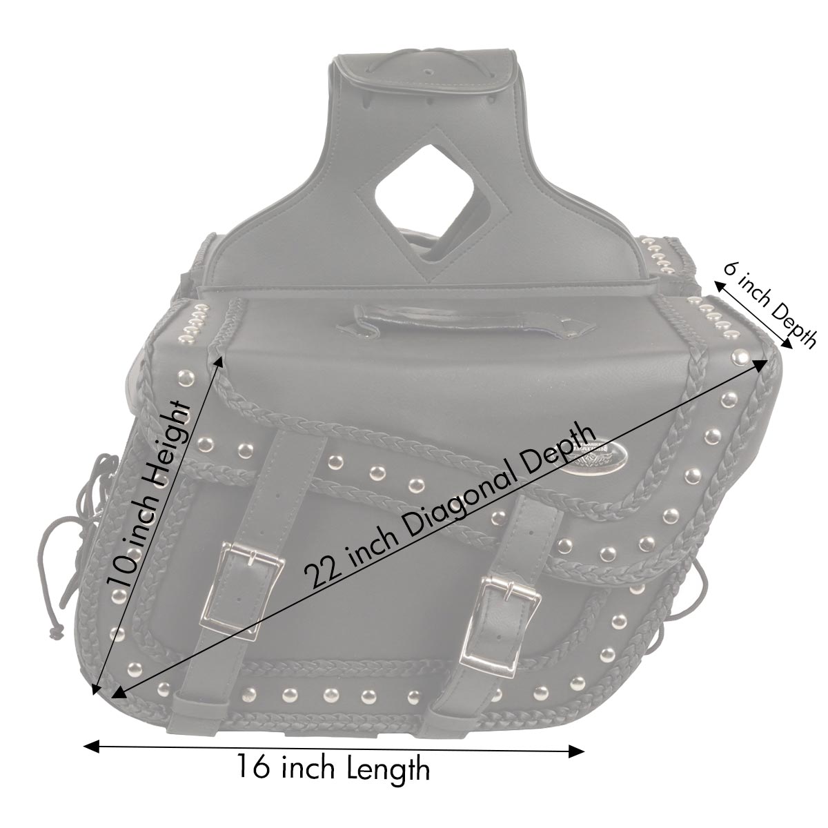 Milwaukee Leather SH66401ZB Large Braided Zip-Off PVC Throw Over Saddle Bag with Studs (16X10X6X22)