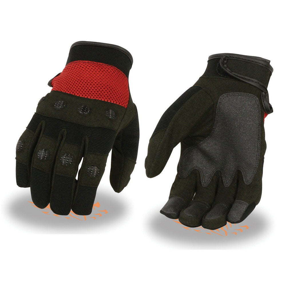 Milwaukee Leather SH76102 Men's Black and Red Textile Mesh Motorcycle Mechanics Hand Gloves w/ Amara Cloth Bottom - Red / Medium