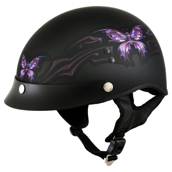 Outlaw Helmets T70 Glossy Black Purple Butterfly Motorcycle Half Helmet for  Men & Women with Sun Visor DOT Approved