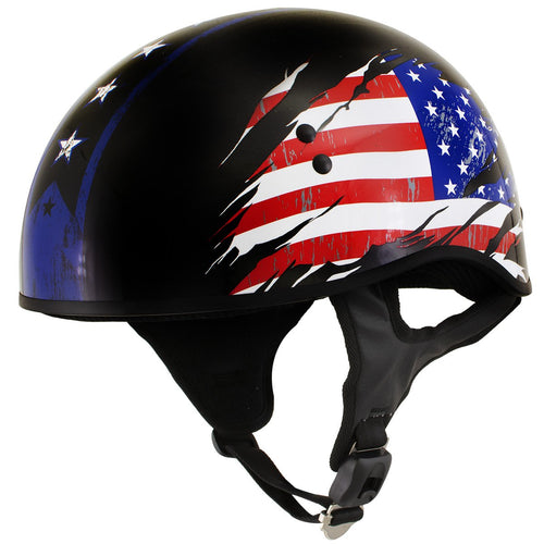 Outlaw T68 Stars and Stripes Black Glossy Motorcycle Skull Cap Half Helmet