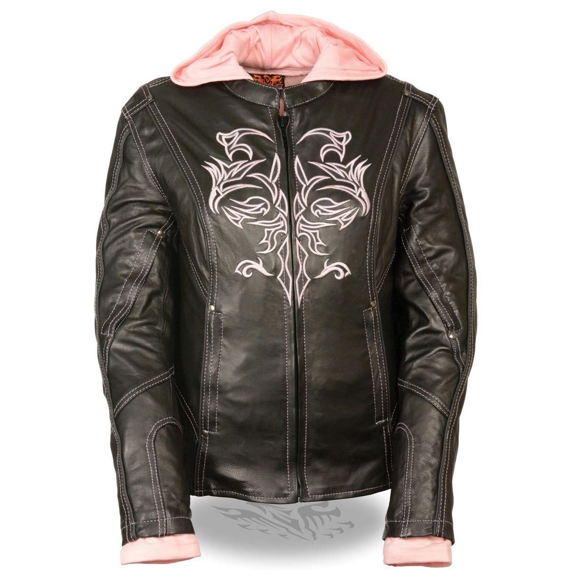 Milwaukee Leather ML2066 Women's Reflective Tribal 3/4 Length Black/Pink Leather Jacket with Hoodie - N/A