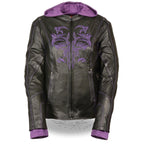 Milwaukee Leather ML2067 Women's 3/4 Black and Purple Leather Hoodie Jacket with Reflective Tribal Design - Milwaukee Leather Womens Leather Jackets