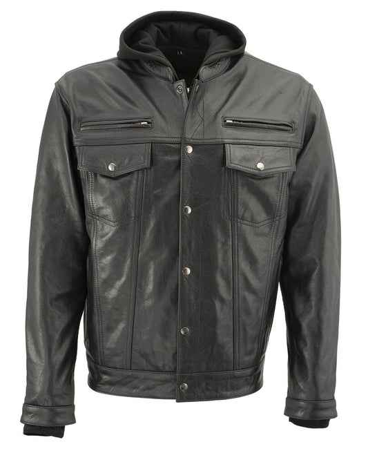 Xelement XS1025 Men’s 'Cross Rake' Black Snap Front Leather Shirt Jacket with Removable Hoodie