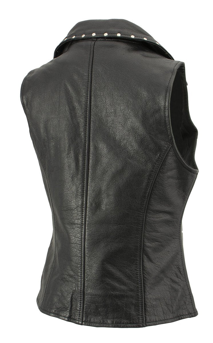 Xelement XS1028 Ladies 'Dita' Black Leather Vest with Riveted M/C Lapel Collar