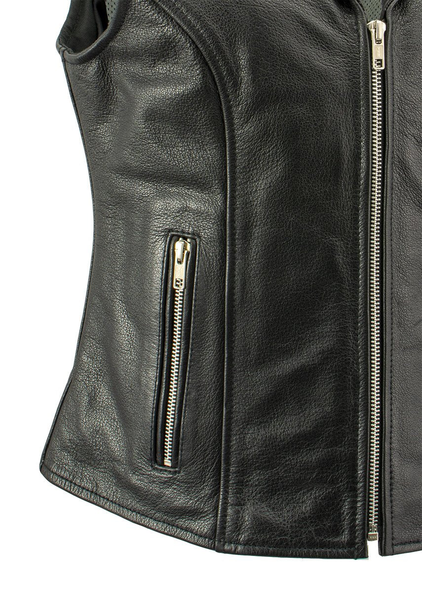 Xelement XS1028 Ladies 'Dita' Black Leather Vest with Riveted M/C Lapel Collar