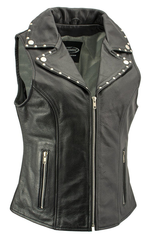 Xelement XS1028 Ladies 'Dita' Black Leather Vest with Riveted M/C Lapel Collar