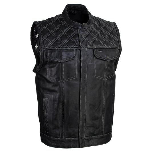 Xelement Men's Black Leather Motorcycle Vest Stars and Stripes Design with USA Flag Liner XS13003