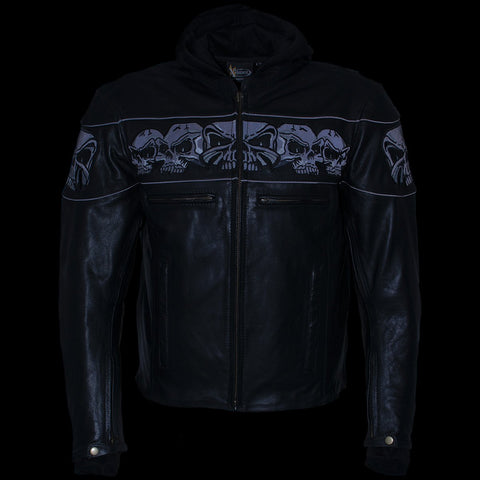 Xelement XS1504 Men's ‘Futile’ Black Armored Moto Jacket with Reflective Skulls and Hoodie