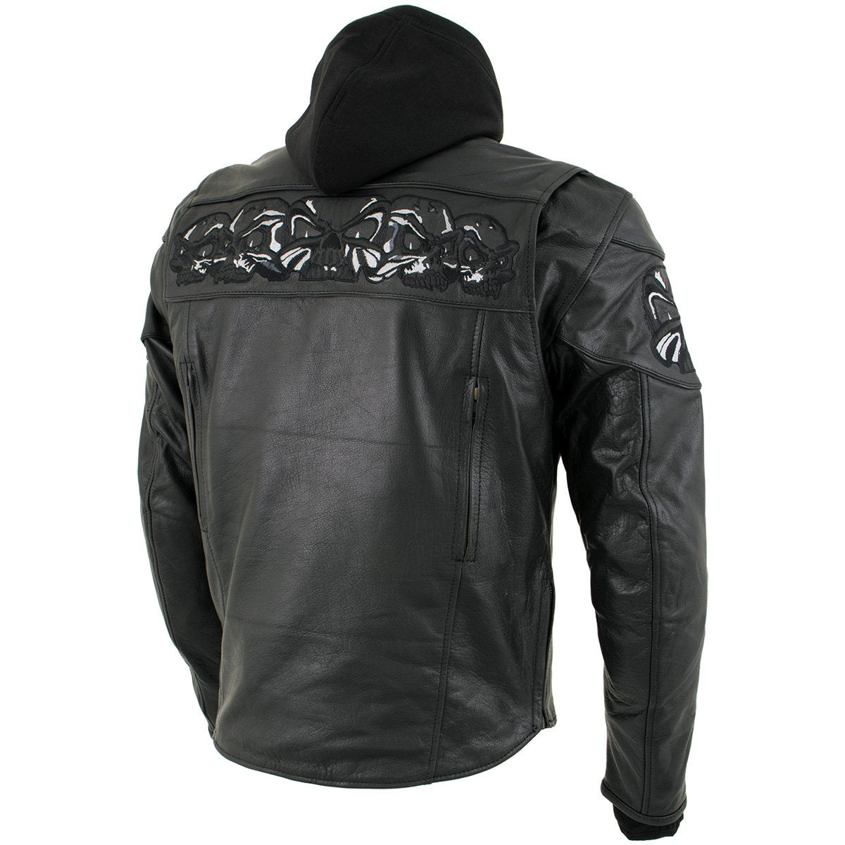 Xelement XS1504 Men's ‘Futile’ Black Armored Moto Jacket with Reflective Skulls and Hoodie