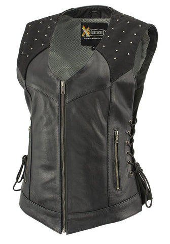 Xelement XS24001 Ladies ‘Winged’ Black Studded Leather Vest with Side Laces and Reflective Wings