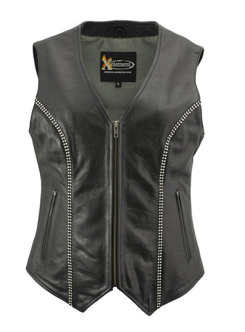 Xelement XS24002 Women's 'Bling' Black Leather V-Neck Motorcycle Rider Vest with Rhinestone Bling Detail